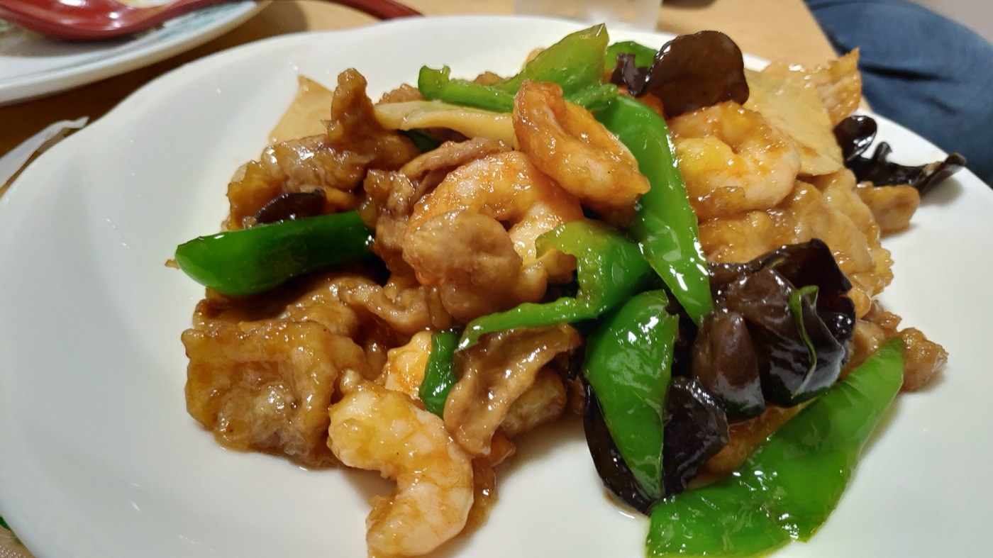 紀淡の海老と豚肉の炒め物